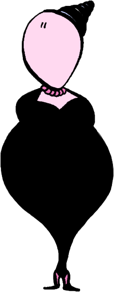 The image shows a black and white cartoon of an overweight woman with exaggerated features standing next to her reflection on what appears to be a mirror in front of a striped background.