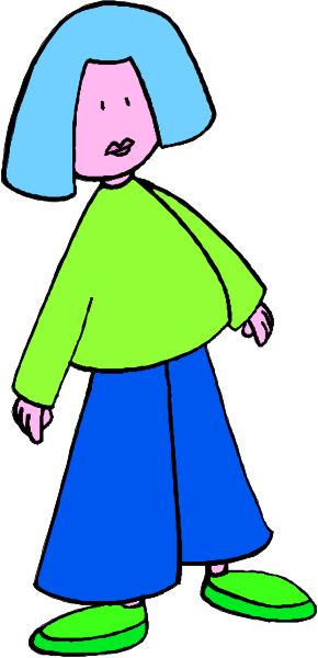 The image shows a cartoon of an animated girl with blue hair standing against a plain background; she is wearing jeans and has her hands on hips while looking to one side.