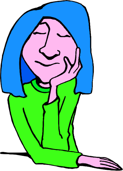 The illustration shows a woman with blue hair leaning on her hand while resting against an unseen surface; she is wearing a green top under what appears to be another layer of clothing in shades of pink-purple, and there's no background detail provided beyond this central figure.