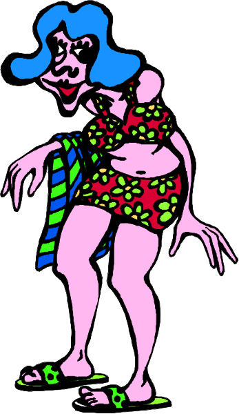 The image shows a cartoon of an animated female character with exaggerated features leaning forward slightly while wearing a floral bikini top and shorts; she has long hair that is styled in waves and appears to be smiling, displaying her teeth prominently as if laughing or posing for the camera.