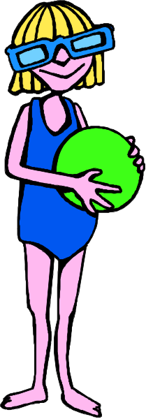 The image shows a cartoon of an adult woman holding two sports balls while standing on what appears to be grass with her legs crossed at the knees; she is wearing glasses over one eye, has blonde hair tied back and wears blue shorts.