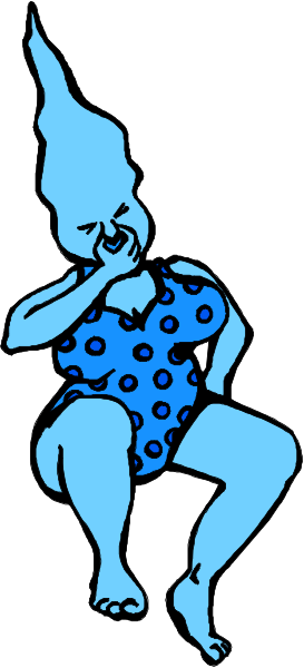 The cartoon shows a blue creature with horns sitting on an object that resembles a surfboard while holding its head in hands as if it's crying out of frustration.