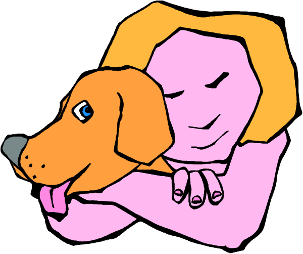 The image shows a colorful cartoon of two characters: an adult humanoid figure with blonde hair holding onto their dog's collar while hugging it from behind; both figures appear to be smiling as if happy and content, set against a plain background that does not provide any additional context or setting.