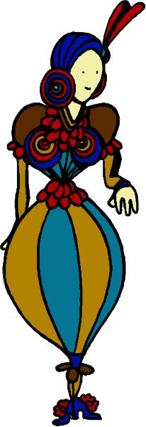 The image shows a cartoon of an animated character dressed as Marie Antoinette with red flowers on her hair, standing against a gray background; she is wearing a blue dress adorned with yellow patterns at the bottom and has white gloves.