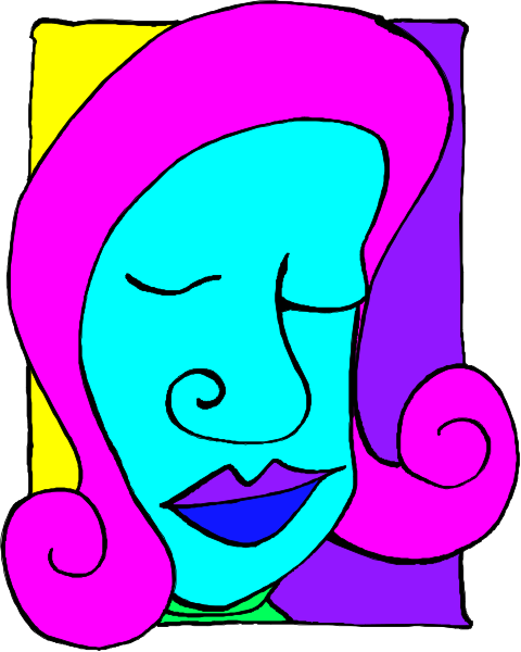 The image shows a colorful illustration of an abstract female face with closed eyes against a purple background within what appears to be a square frame.
