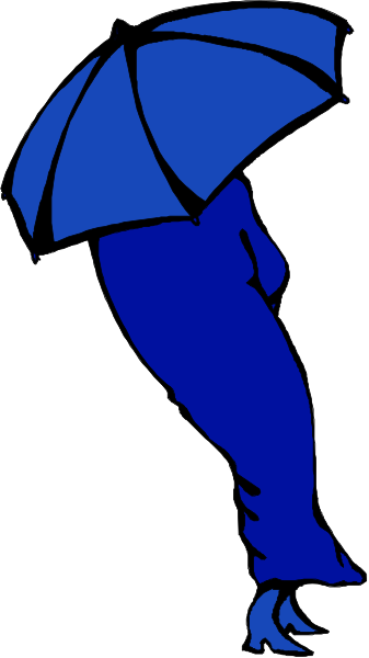 The image shows a blue umbrella with an illustration of legs on it against a white background.