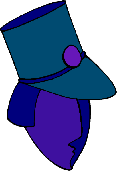 The image shows a cartoon of an old man's head wearing glasses with blue frames, topped by a purple top hat adorned with white feathers on either side.