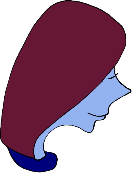 The image shows a stylized illustration of an adult female head with blue hair against a white background; she is looking to her right side.