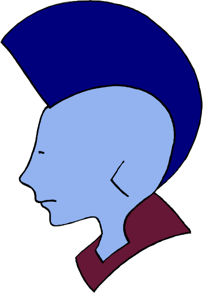 The image shows a stylized blue alien head with spiky hair on top of it against a white background.
