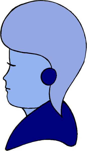 The image shows a blue silhouette of an animated character with headphones on their ears against a white background.
