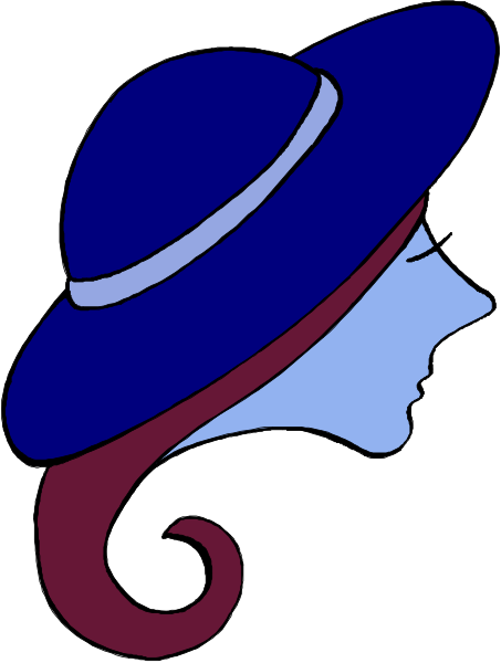 The image shows a stylized illustration of an animated female character with blue hair wearing glasses, dressed in a purple hat adorned with white feathers on top, paired with what appears to be a black and red dress.