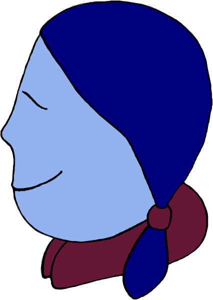 The image shows a cartoon of an elderly person with blue hair wearing glasses, dressed as Santa Claus but without his usual red suit; he is depicted in profile facing left against a white background.