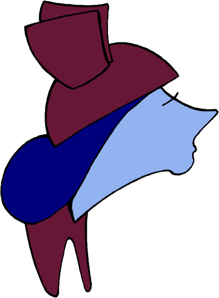 The image shows a cartoon of an animated character with blue hair wearing glasses, dressed as Marie Antoinette from her famous portrait by David Hockney in 1976-78. She is depicted against a white background and appears to be smiling or laughing at something off the frame. There are no other objects present; it's just this single character with an exaggerated expression, which gives away that she might not have been pleased about her depiction as Marie Antoinette in Hockney's painting.
