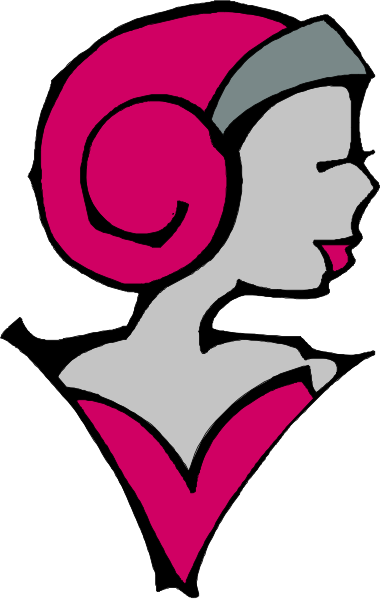 The image shows a black and white illustration of an abstract female figure with headphones on her ears against a pink background; she appears to be smiling slightly as if looking at something off-frame.