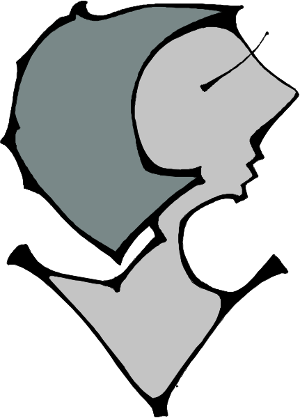 The image shows a black and white silhouette of an adult female figure with dark hair wearing glasses, standing against what appears to be a flag background featuring stripes in shades of gray and blue.