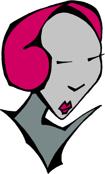 The image features a stylized black and white illustration of an abstract female figure with headphones on her ears against a pink background.