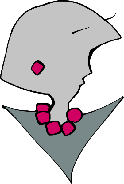 The image shows a stylized drawing of an abstract figure with geometric shapes resembling eyes, ears, mouths, necklaces, and possibly other body parts in shades of gray on what appears to be white background.