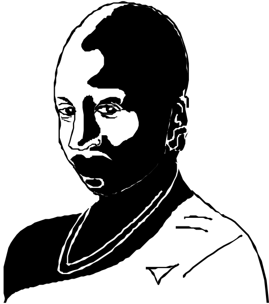 The black and white illustration shows a side profile of an adult male with shaved hair looking to his right. He is wearing what appears to be traditional African attire consisting of a collared shirt without sleeves, which has horizontal stripes across it.