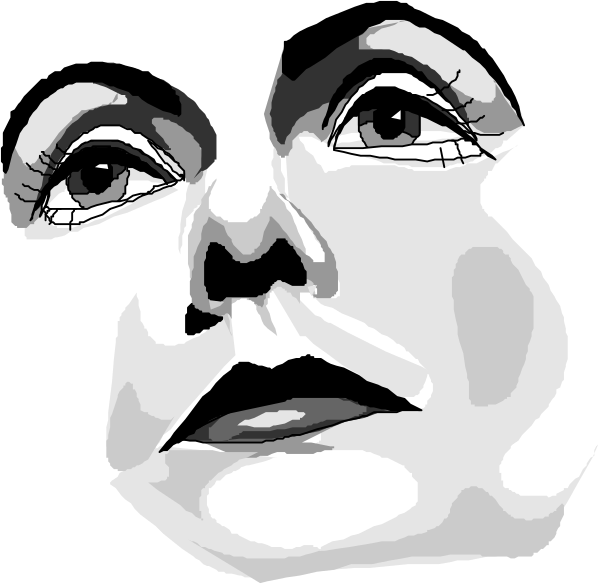 The black and white illustration shows a side profile of an animated character with exaggerated facial features such as large eyes and lips, giving it a cartoonish appearance.