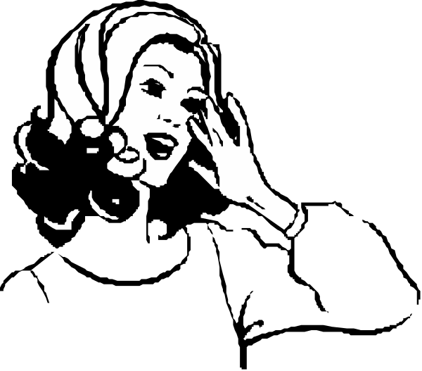The black and white illustration shows a woman with her hand to her ear as if she's listening intently while looking upwards towards something out of frame.