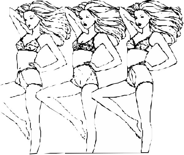 The black and white illustration shows four silhouettes of a woman dancing with her arms raised above her head against different backgrounds: left - dark; center-left - light blue sky; right - nighttime cityscape, all in profile view from behind.