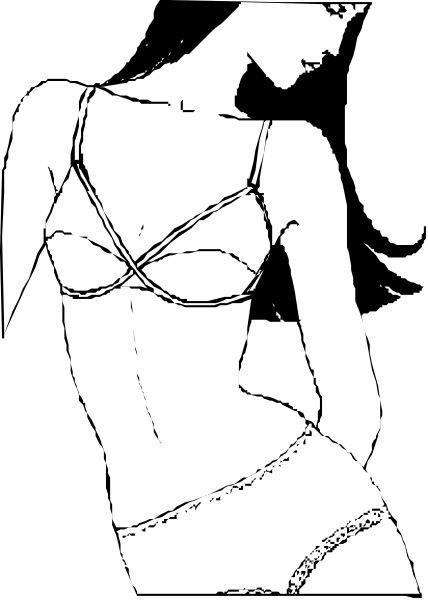The black and white silhouette of a woman wearing lingerie with her back to us against an unidentified background.