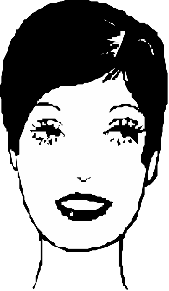 The image shows a black and white silhouette of a woman's face with exaggerated features such as large eyes and lips against an indistinct background that appears to be dark gray in color.