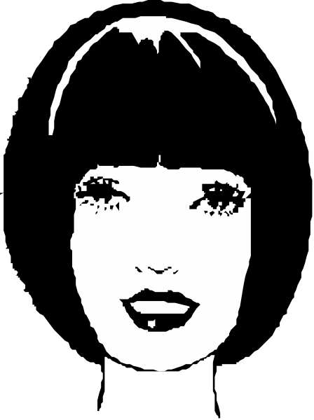 The black and white silhouette of a woman's face with exaggerated features such as large eyes and lips is shown in this image.