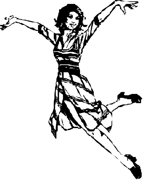 The black and white silhouette of a woman dancing with her arms outstretched against a dark background.