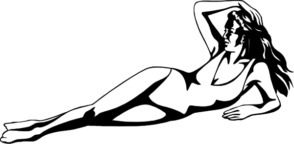 The black and white silhouette of a woman lying on her stomach with an arm extended above her head while wearing what appears to be lingerie in front of a couch-like object that could also serve as seating, set against a dark background.