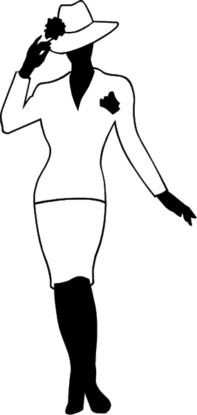The black and white silhouette of a person walking on stilts with exaggerated features like long legs and arms in an urban environment.