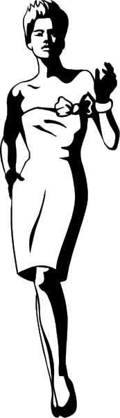 The black and white photo shows a woman standing with her hands on hips against an abstract background that resembles a cityscape at nighttime.
