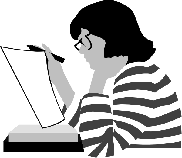The black and white illustration shows a person sitting at their desk with hands on chin, looking down towards computer screen where text is visible but illegible due to resolution; in front of them there's an open laptop displaying what appears to be a document or spreadsheet being edited by the user.