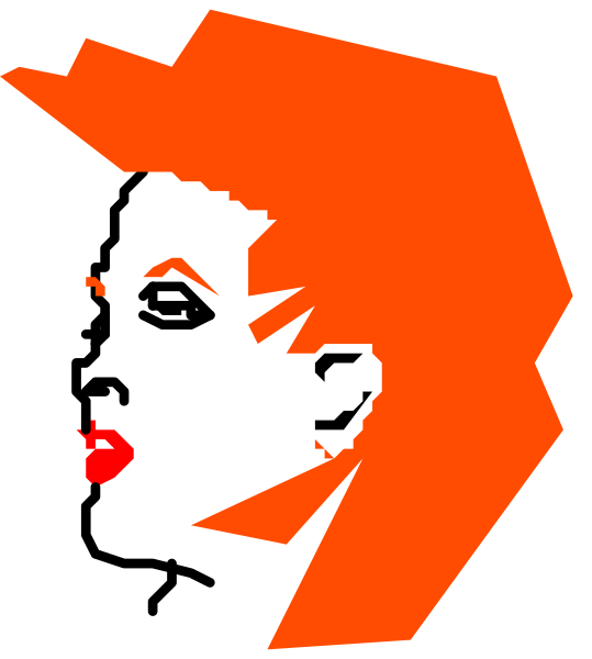 The image shows a pixelated representation of an orange face with red lips on it against a gray background.