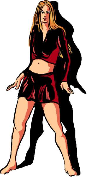 The image shows a woman wearing red clothing standing with her hands on hips against a black background; she is depicted as an illustration in grayscale tones without color detailing.