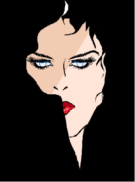 The image features a black and white illustration of an animated character with striking blue eyes peeking out from behind what appears to be dark hair on either side.