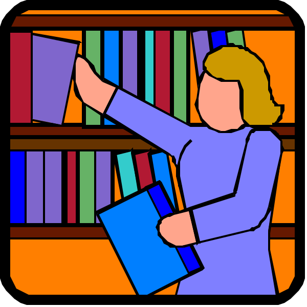 The image shows a woman standing next to bookshelves filled with colorful books; she is holding an open book while pointing at it as if explaining something on its pages.