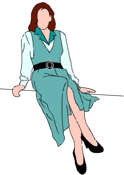The image shows a cartoon of an animated character sitting on a chair with her legs crossed at the knees; she is wearing a blue dress over a white blouse paired with brown pants, topped off by a black belt and matching shoes.