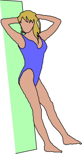 The image shows a woman wearing a blue swimsuit standing against an open door with her arms crossed over her head; she is looking to one side of herself while leaning slightly forward at the waist.