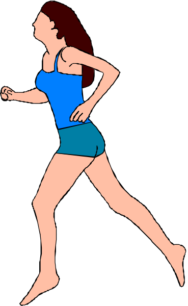 The image shows a cartoon of an athletic woman running with her arms outstretched on either side for balance; she is wearing shorts and has short hair.