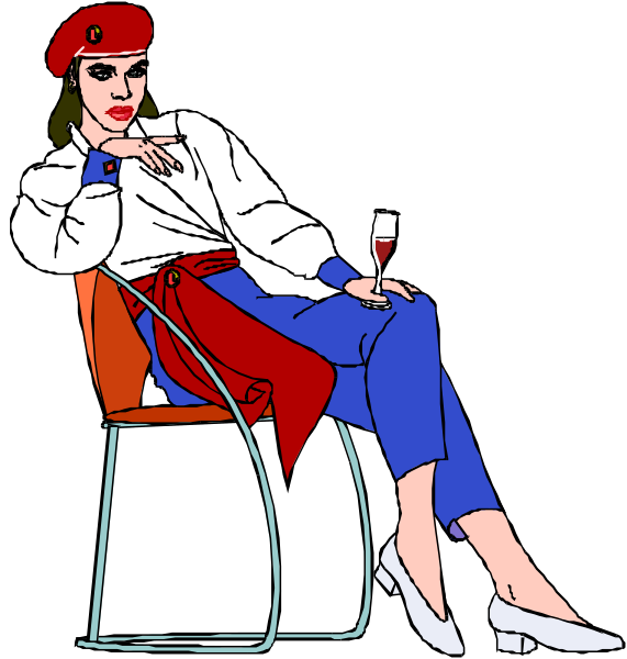 The illustration depicts a woman sitting on an orange chair with her legs crossed over each other while holding what appears to be a wine glass in one hand. She is wearing blue jeans rolled up at the cuffs, white sneakers, and has red hair styled into bangs that fall across her forehead. Her attire also includes a black top adorned with an orange flower on it. The woman's pose suggests she might have been interrupted or paused in conversation as indicated by one hand resting casually over her knee while the other holds onto something not visible within this frame of reference.