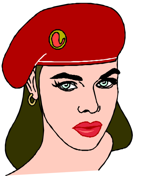 The image shows a stylized illustration of an individual with red hair wearing sunglasses, lipstick, earrings, and a beret-style hat adorned with what appears to be a badge on it; there is no visible text or background details in this clip art style.
