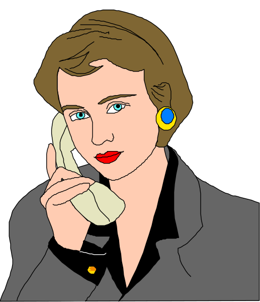 The image shows a cartoon of an adult female character with blonde hair wearing large blue earrings talking on her cell phone while holding it to one side of her face; she is dressed in business attire, including what appears to be a jacket and tie, suggesting a professional setting or role.