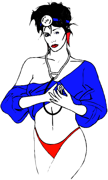 The image shows a woman with dark hair wearing blue clothing holding her chest; she is standing against a black background.