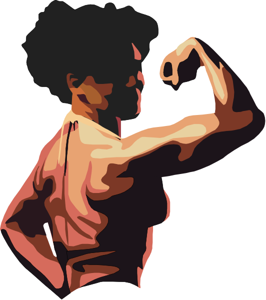 The image shows a stylized illustration of an African American woman with muscular arms flexed at her sides against a dark background; she is wearing what appears to be a sleeveless top revealing part of her back and shoulders, which suggests strength training or bodybuilding theme.