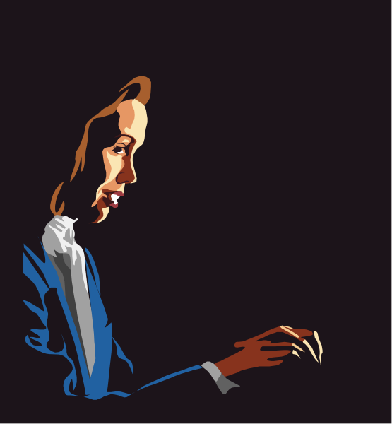 The illustration depicts a person playing an instrument with their back to us; it's nighttime outside where we can see silhouettes of trees against the dark sky.