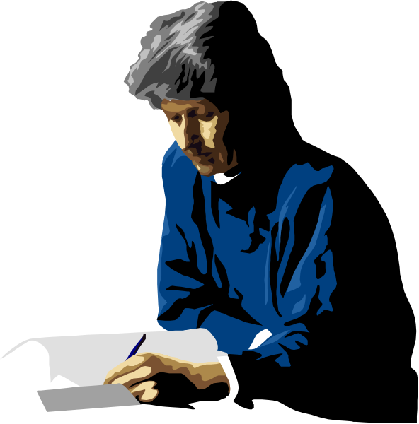 The image shows a black and white illustration of an elderly woman sitting at her desk with papers spread out before her; she is writing on one piece while holding another in hand.