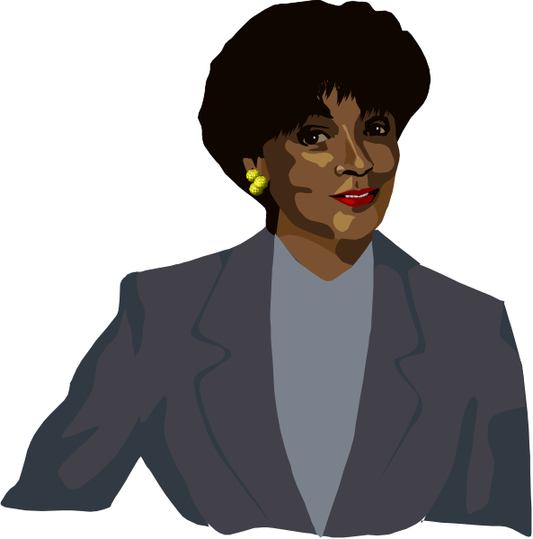 The image shows a woman with dark hair wearing earrings; she has on a blue blazer over what appears to be a white shirt. She is looking directly at the viewer.