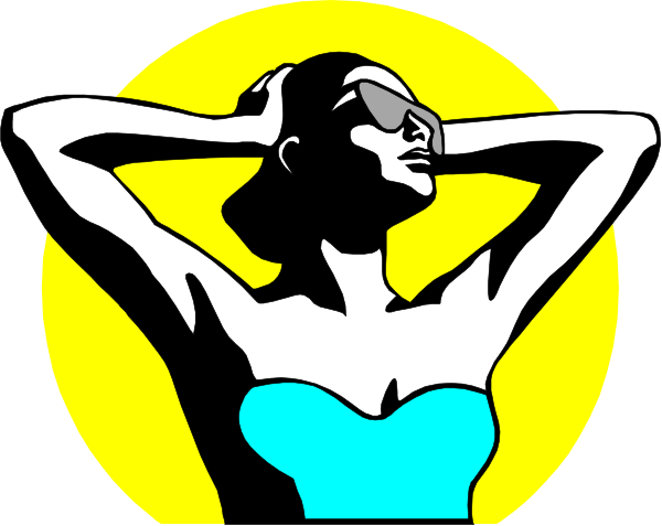 The image shows a stylized illustration of an animated woman with sunglasses on her head resting against a yellow circle background that resembles sun rays.