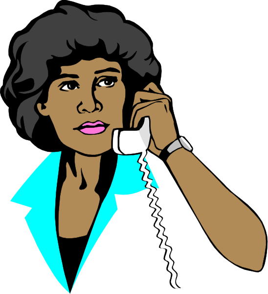 The illustration shows a woman talking on an old rotary phone while holding it to her ear with both hands; she is wearing glasses over dark hair that falls just above her shoulders, has light skin tone, wears blue clothing and appears focused as if in conversation or listening intently.